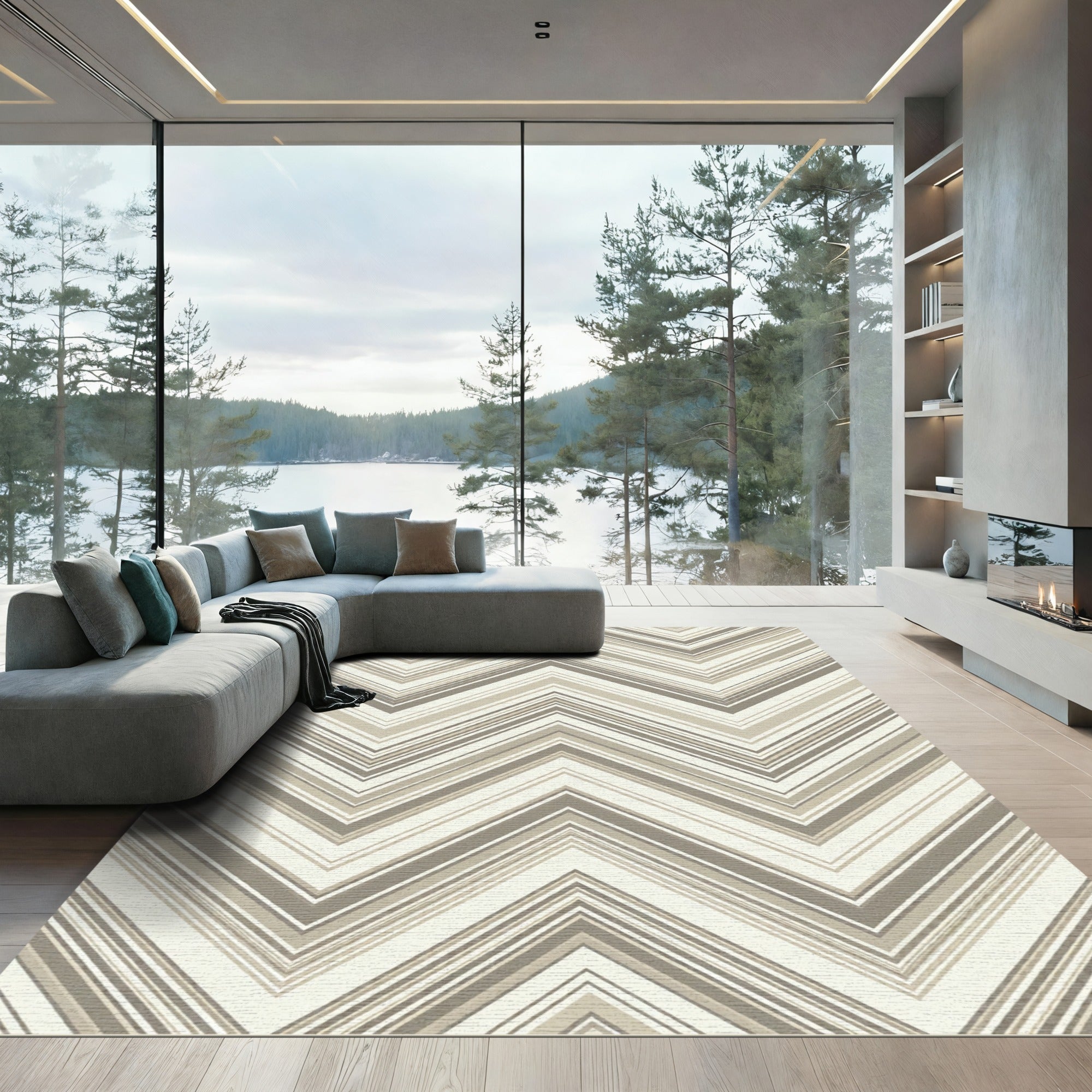 Neutral Taupe Chevron Zigzag Stripe Rug
