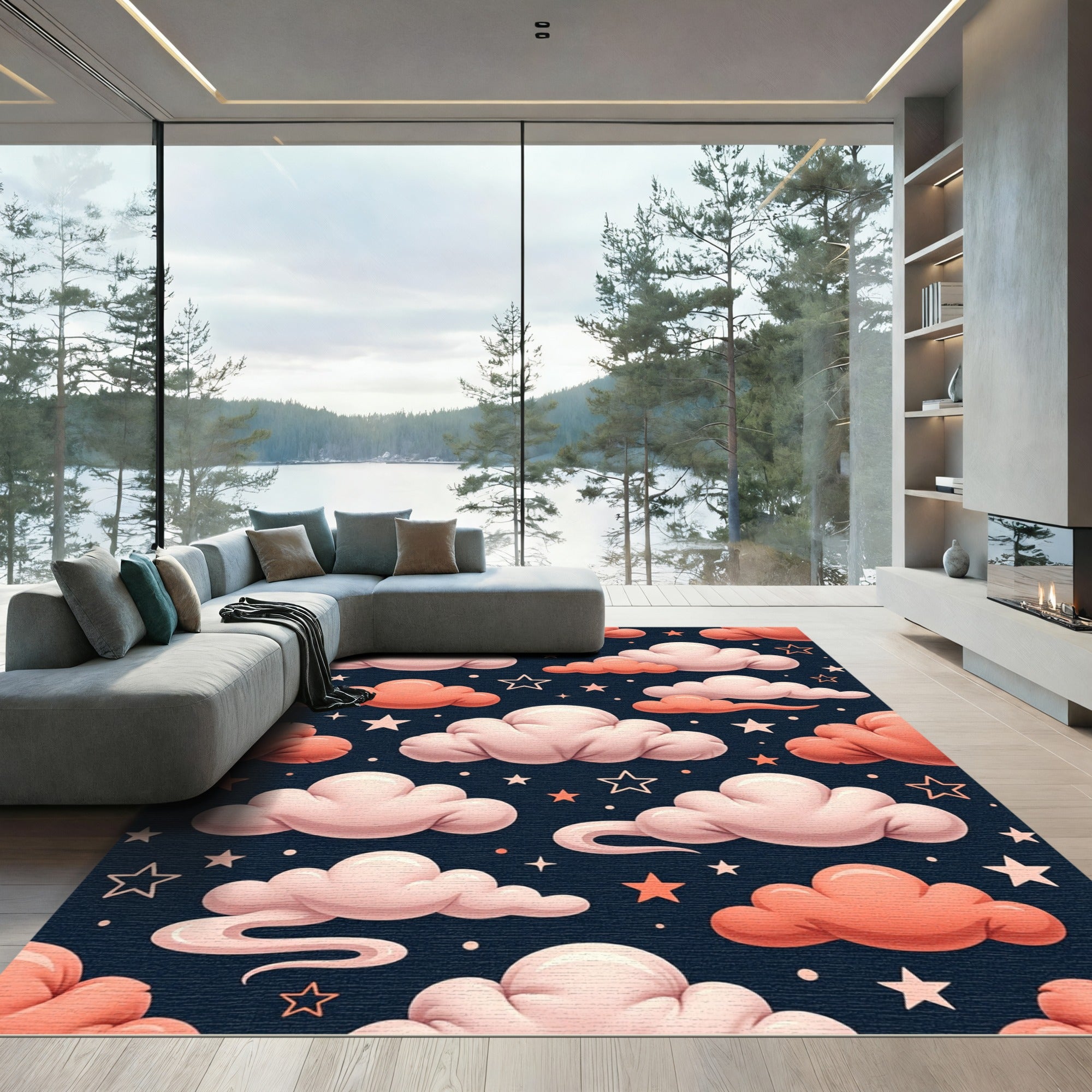 Whimsical Pink Cloud and Star Sky Rug