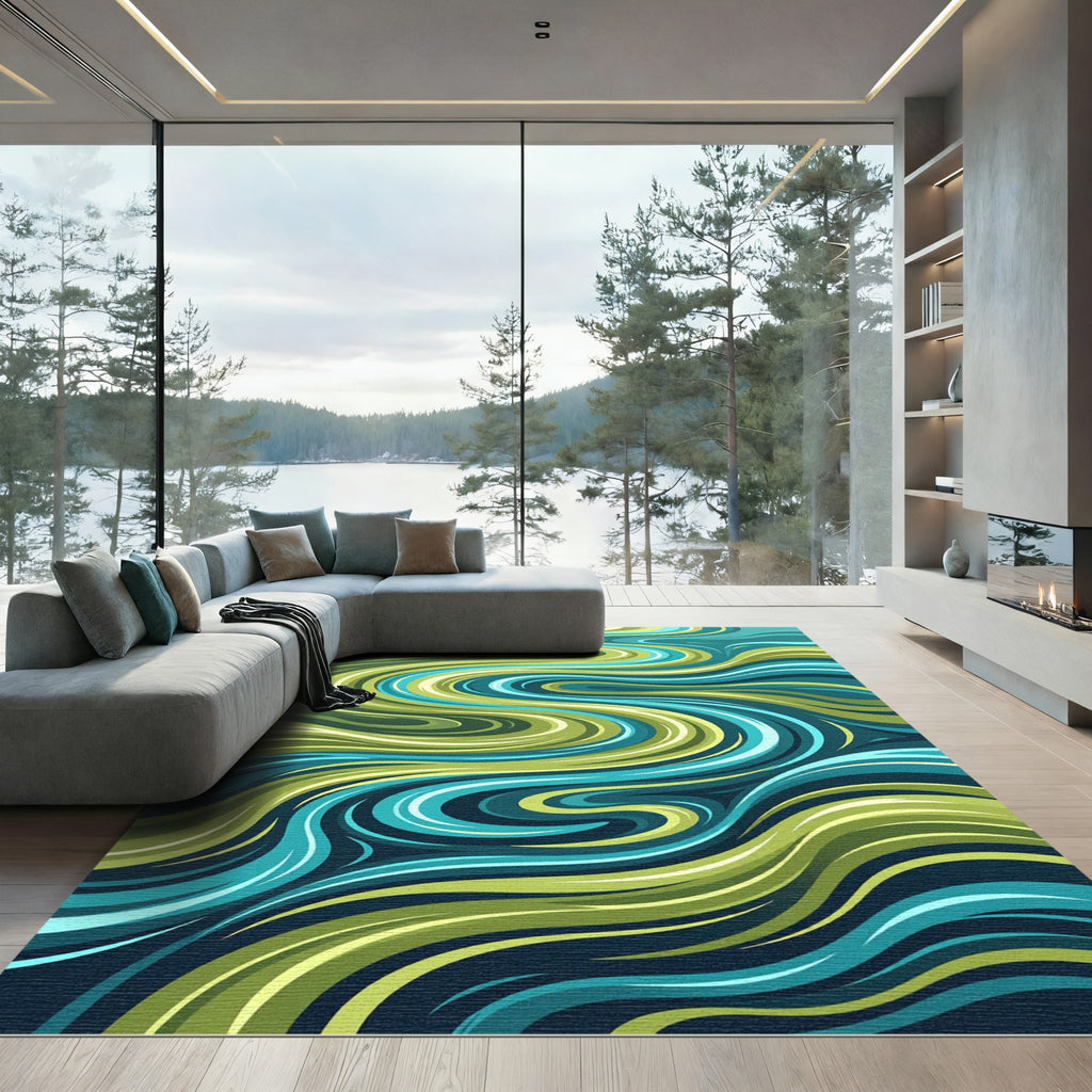 Abstract Teal Green Swirl Flow Rug