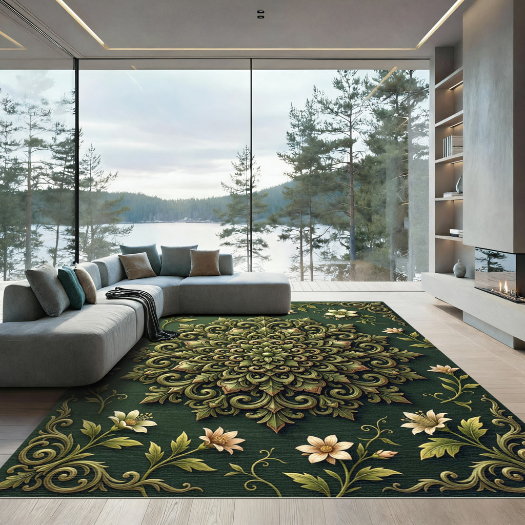 Sage Green Floral Ornate Medallion Rug