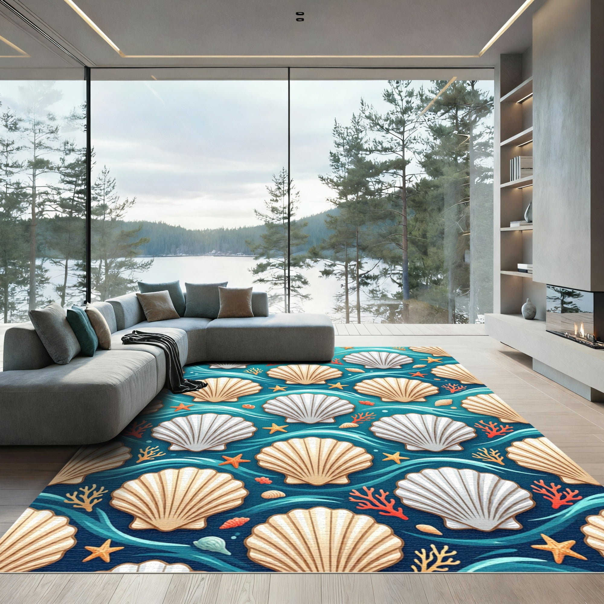 Coastal Seashell Summer Wave Ocean Blue Rug