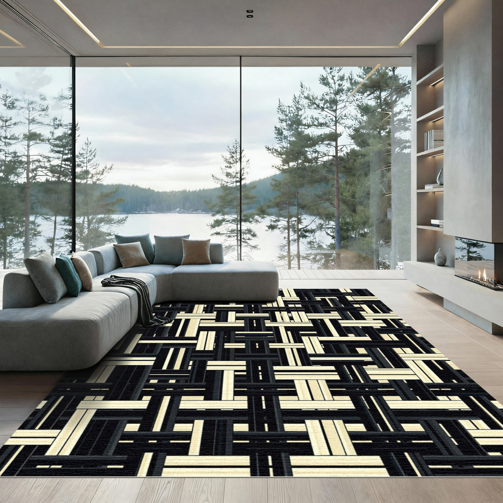 Monochrome Woven Abstract Grid Rug
