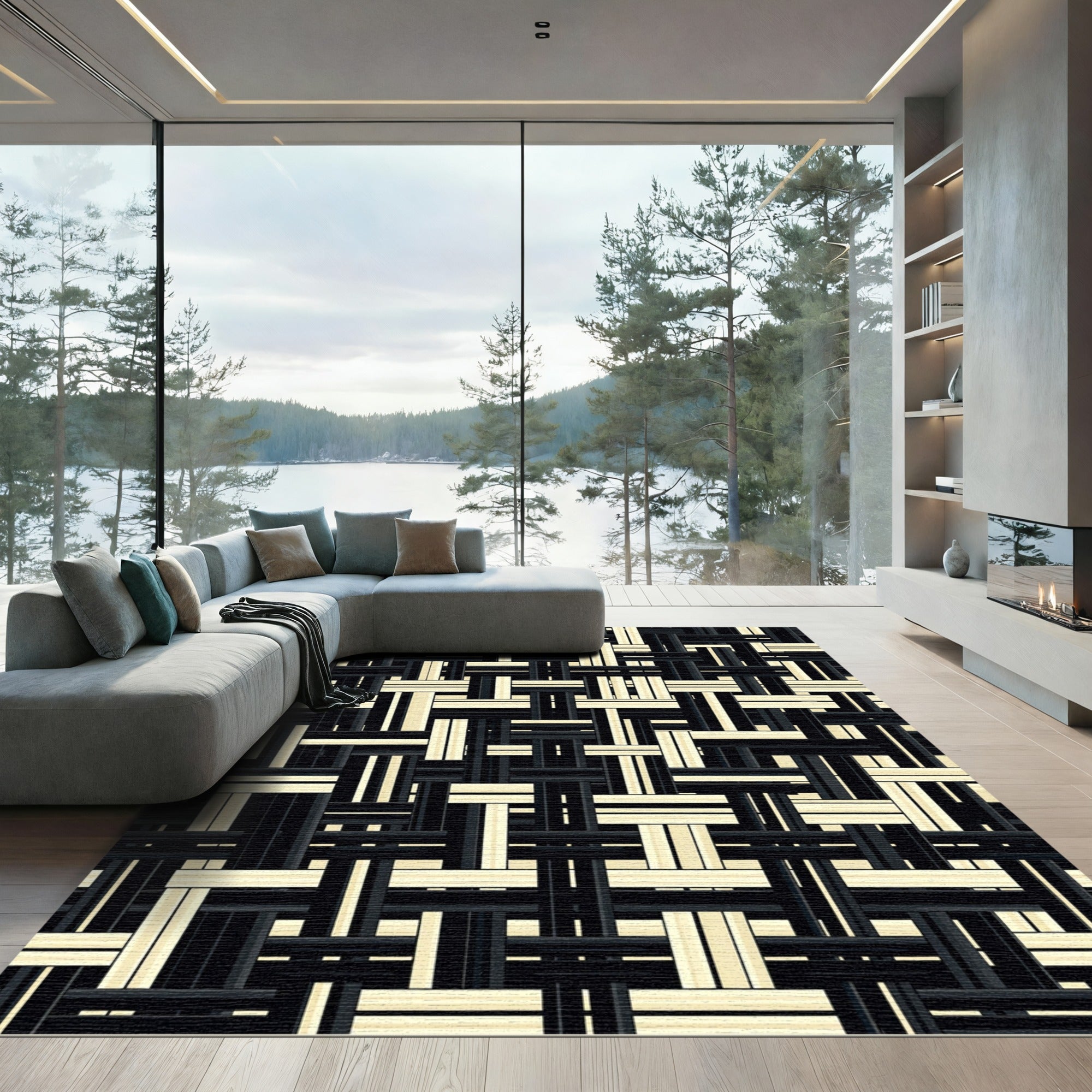 Monochrome Woven Abstract Grid Rug