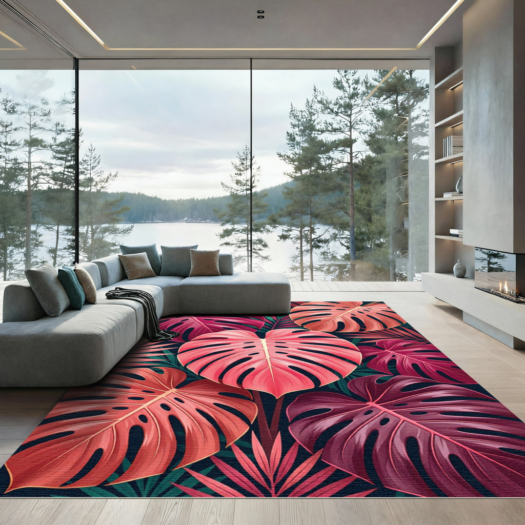 Tropical Pink Monstera Leaf Bloom Rug