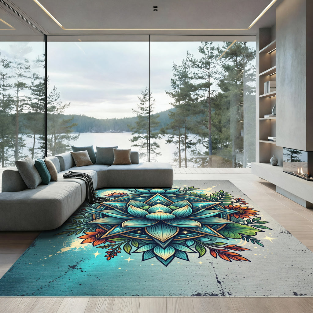 Celestial Teal Lotus Star Mandala Rug