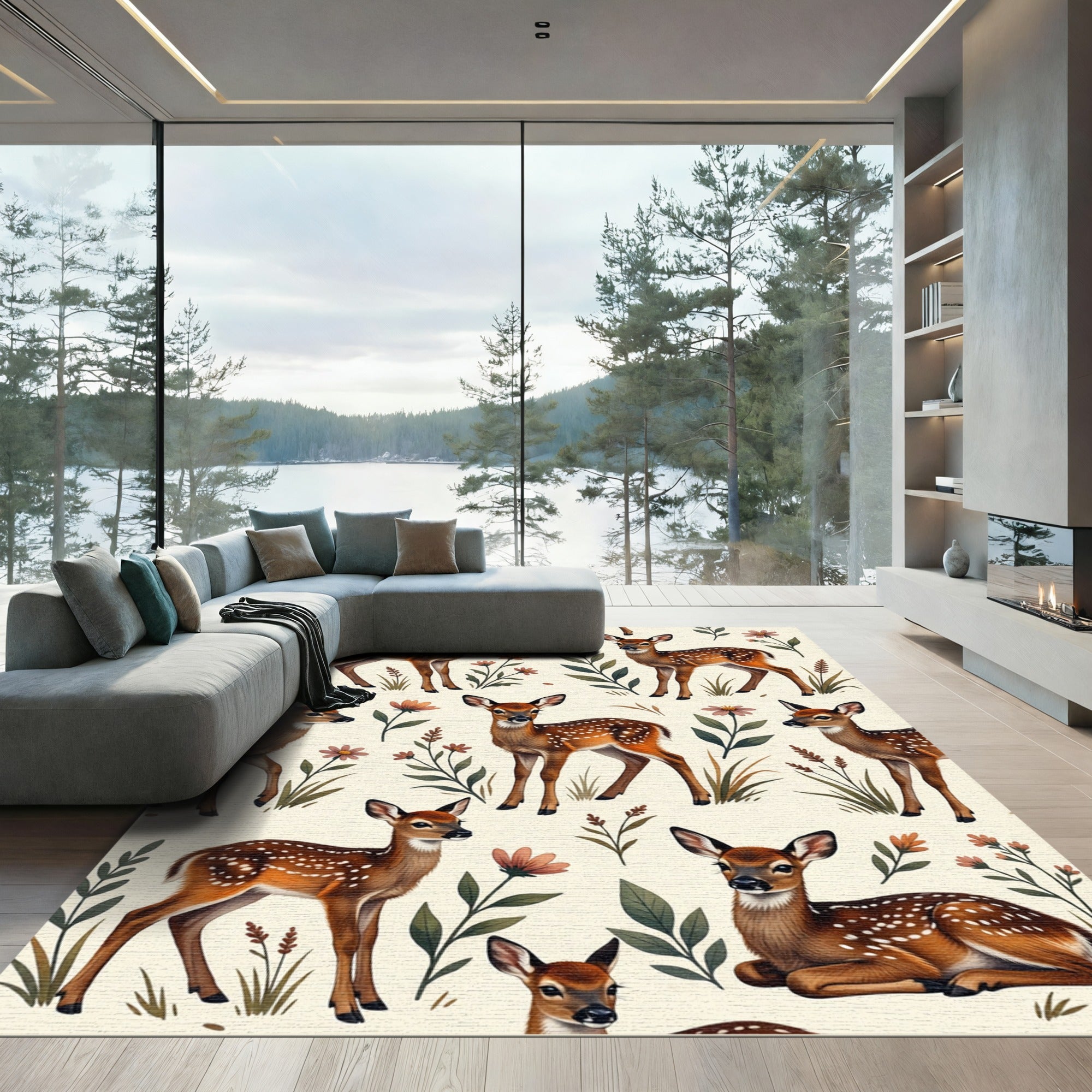 Charming Woodland Fawn Cream Botanical Rug