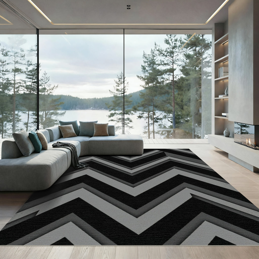 Sharp Monochrome Gray Chevron Geometric Rug