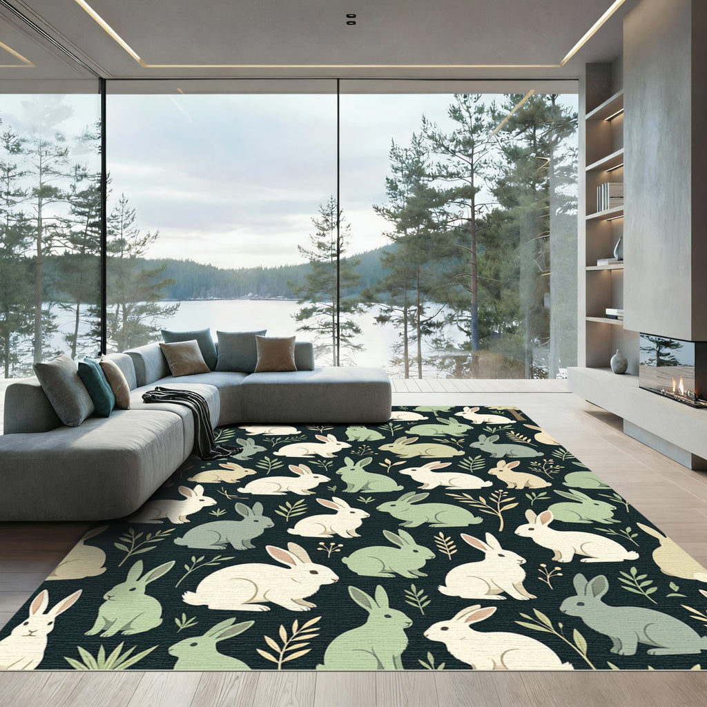 Whimsical Forest Rabbit Sage Garden Rug