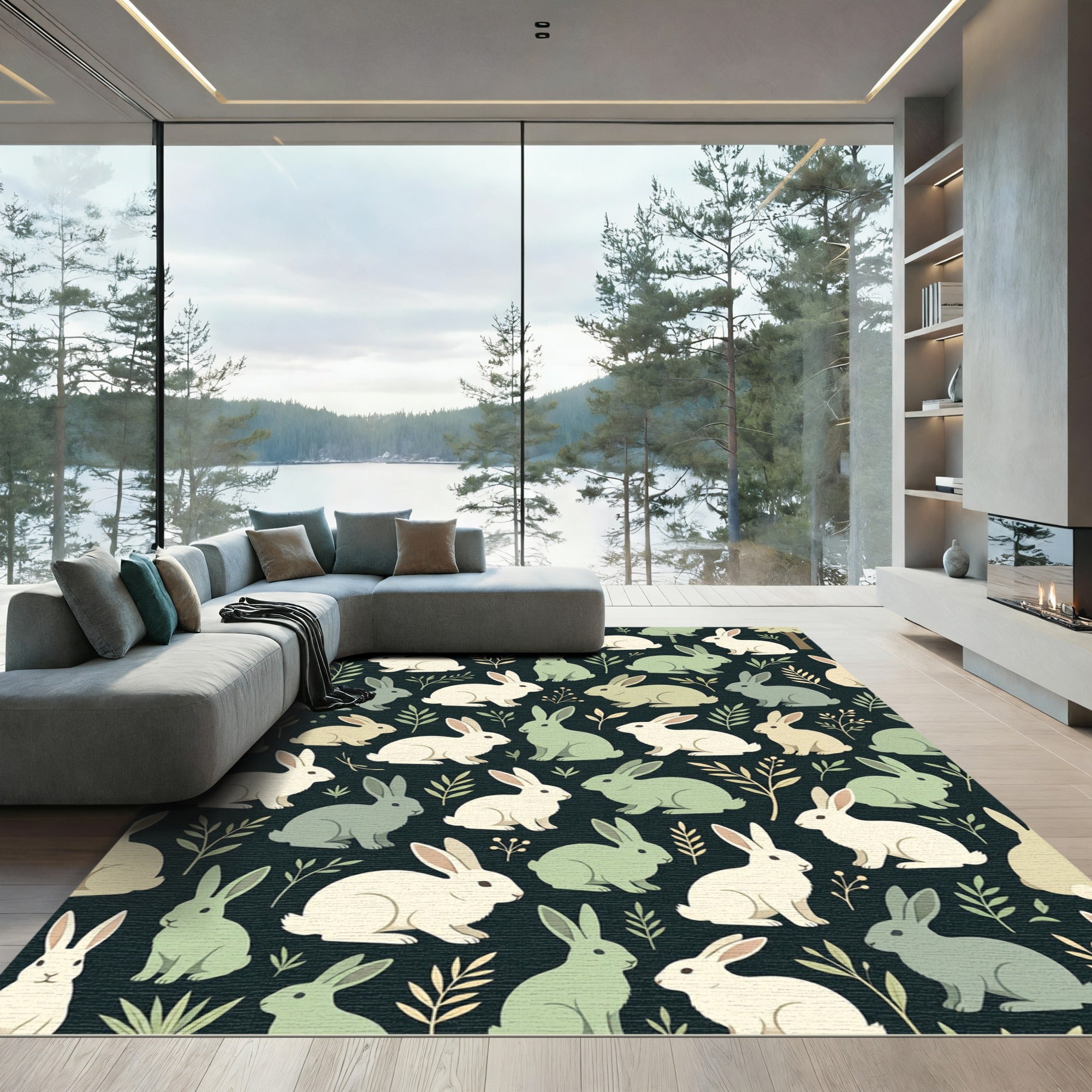 Whimsical Forest Rabbit Sage Garden Rug
