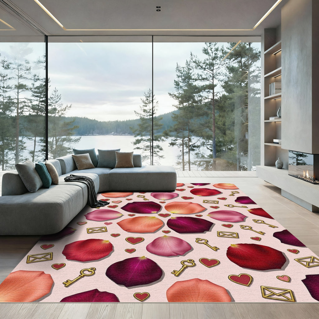 Red Pink Rose Petal Heart Keys Rug