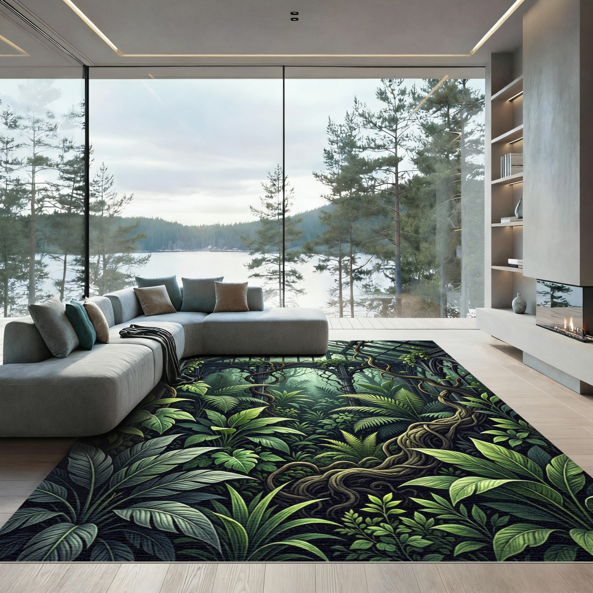 Lush Emerald Greenhouse Botanical Foliage Rug