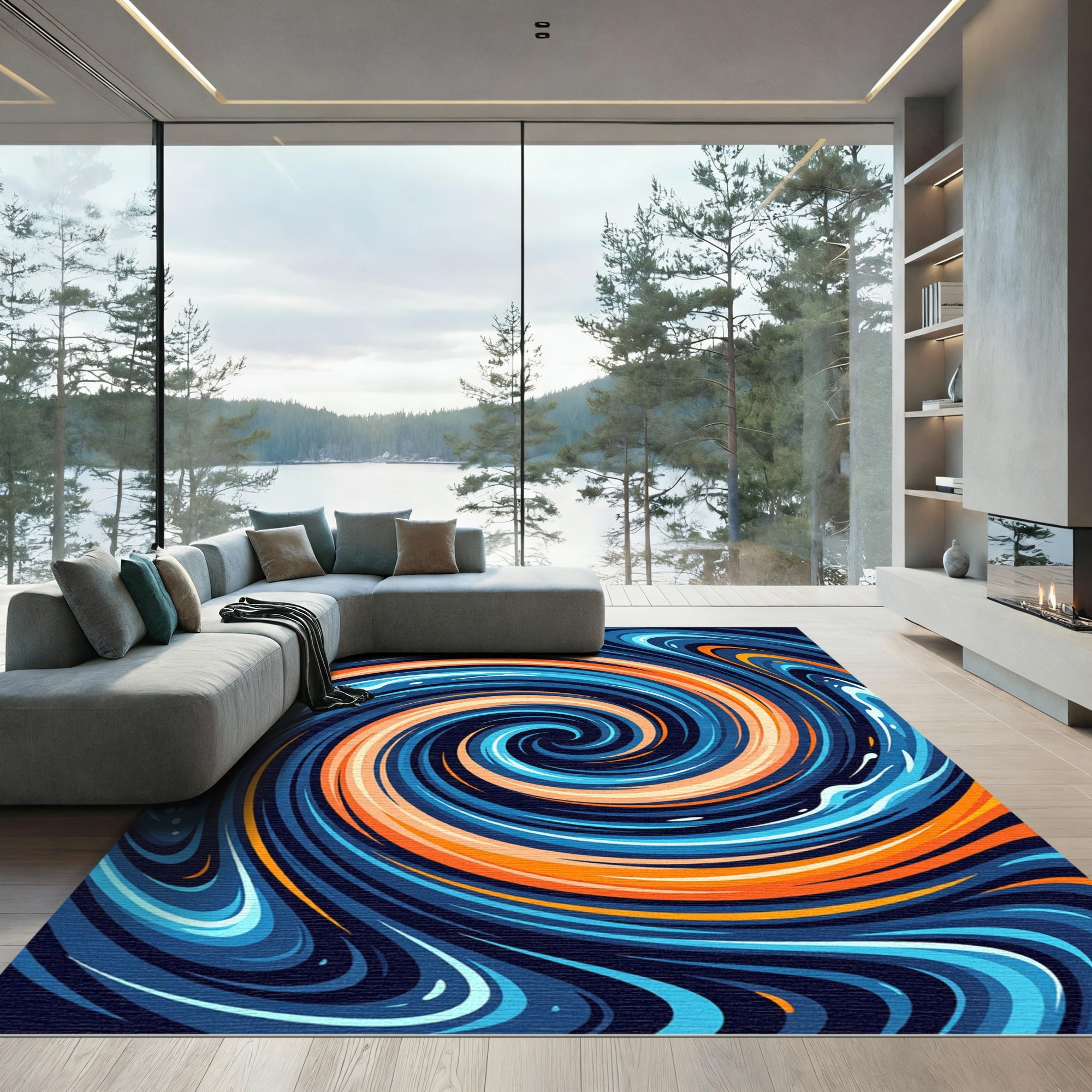 Vibrant Abstract Blue and Orange Whirl Rug