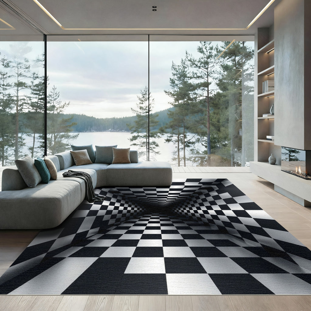 Monochromatic Optical Illusion Checkerboard Grid Rug