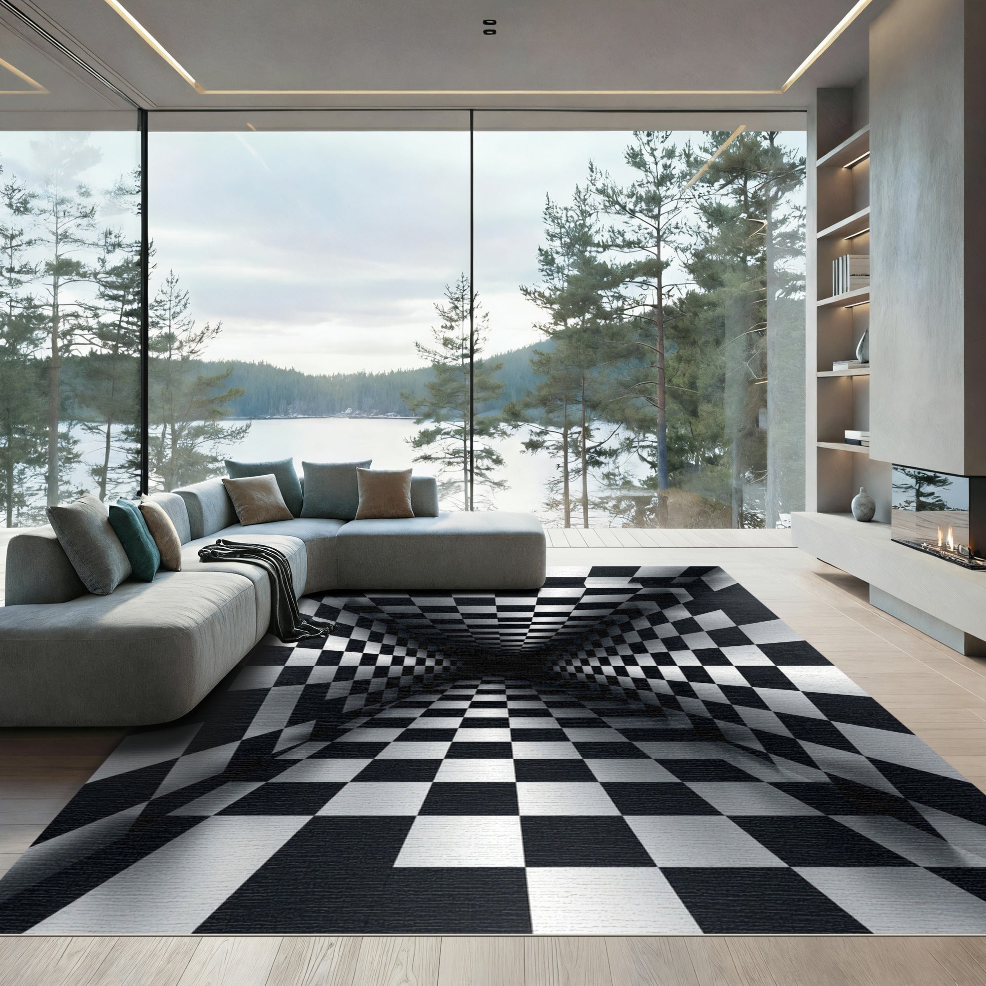 Monochromatic Optical Illusion Checkerboard Grid Rug