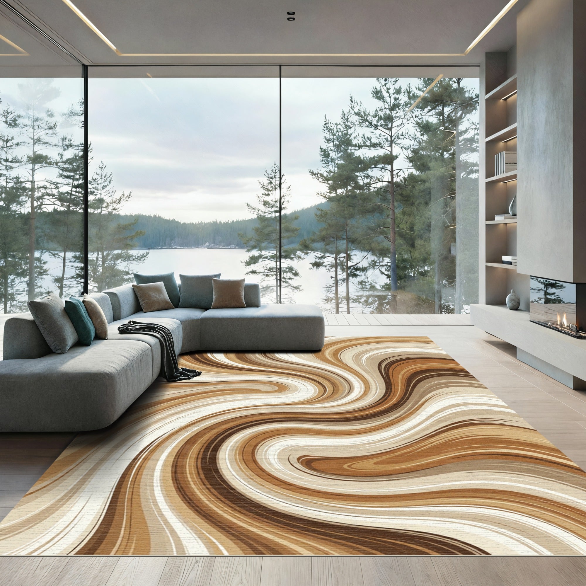 Earthy Cream and Mocha Swirl Rug