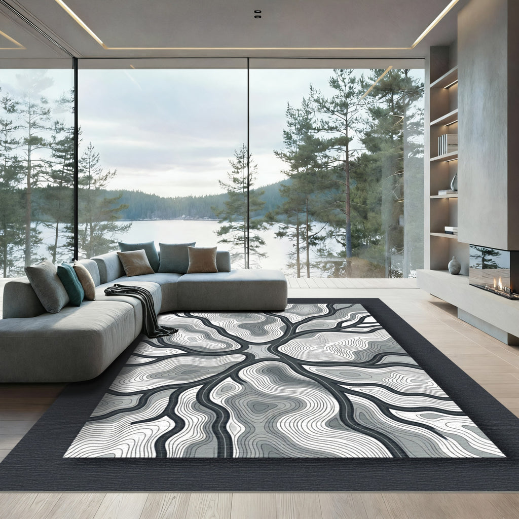 Monochrome Abstract Topographic Flowing Lines Rug