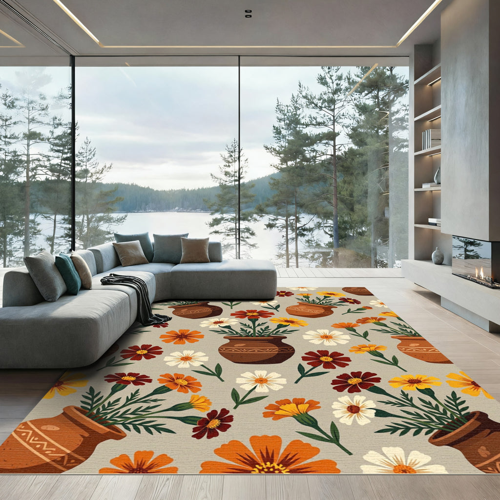 Earthy Marigold Vase Floral Repeat Rug
