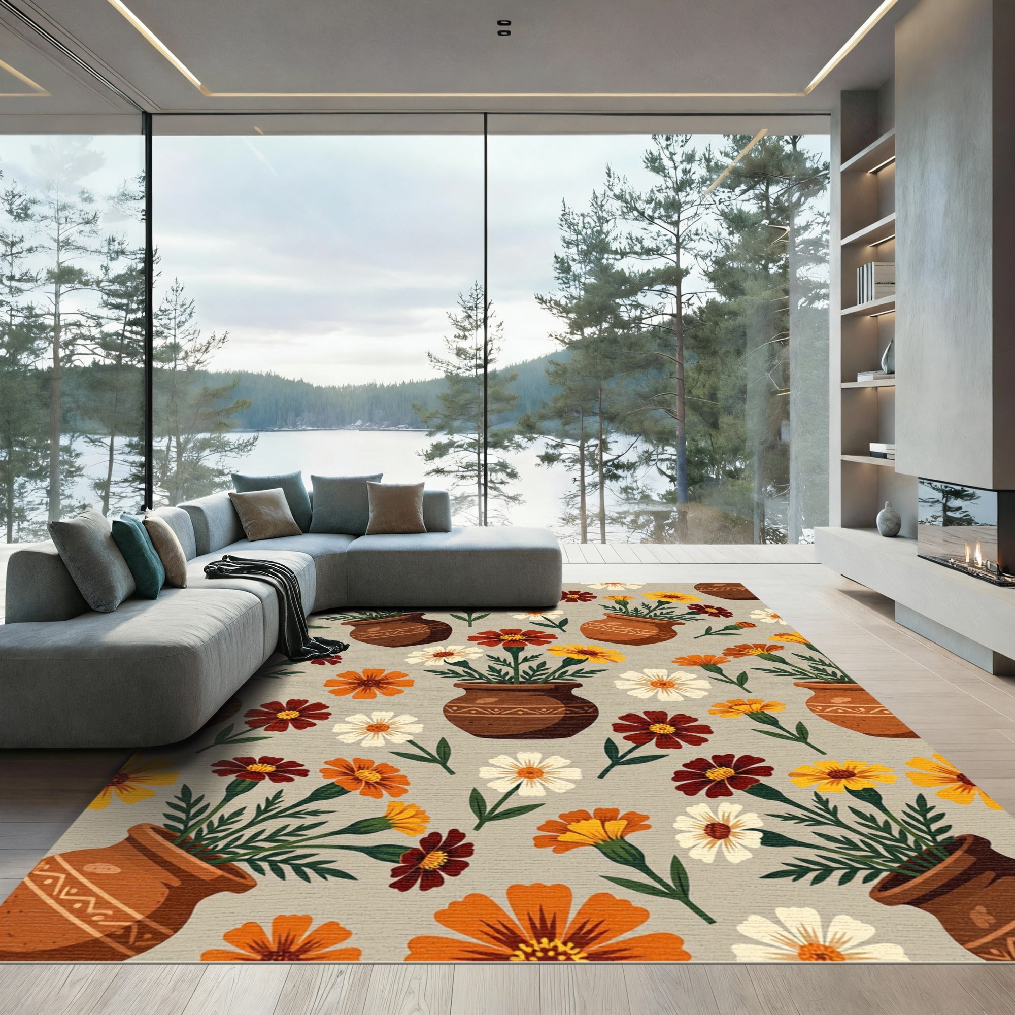 Earthy Marigold Vase Floral Repeat Rug