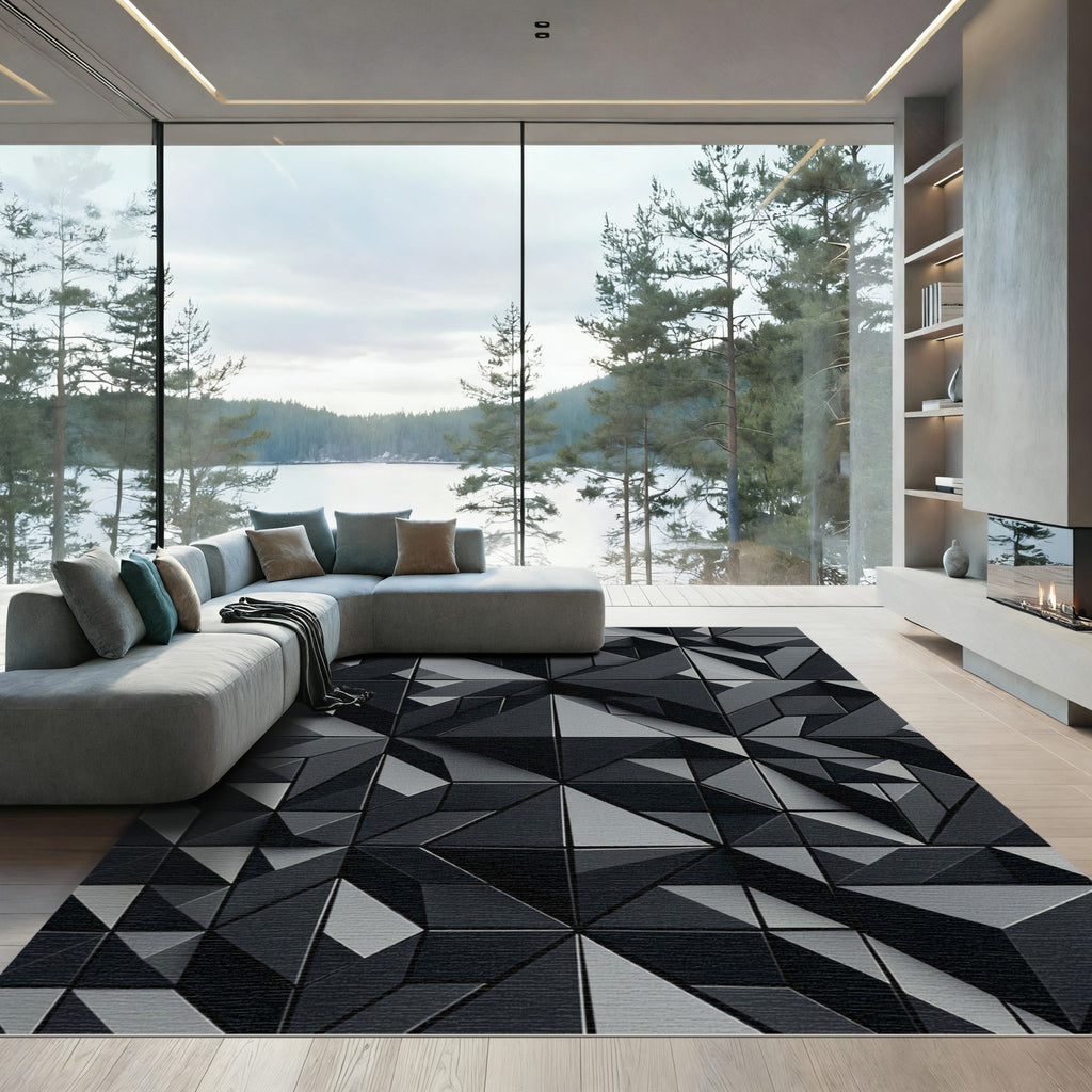 Modern Dark Gray Geometric Facets Rug