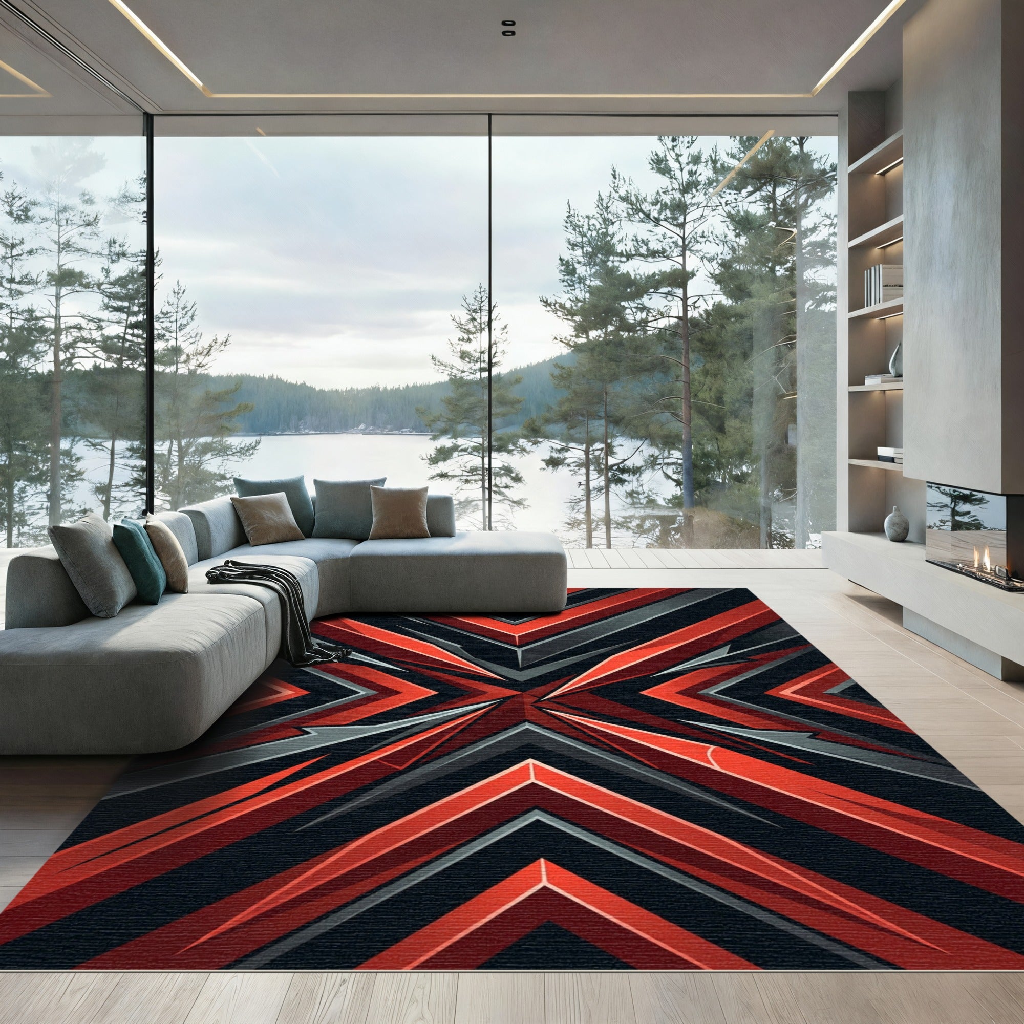 Radiant Crimson Black Abstract Geometric Rug