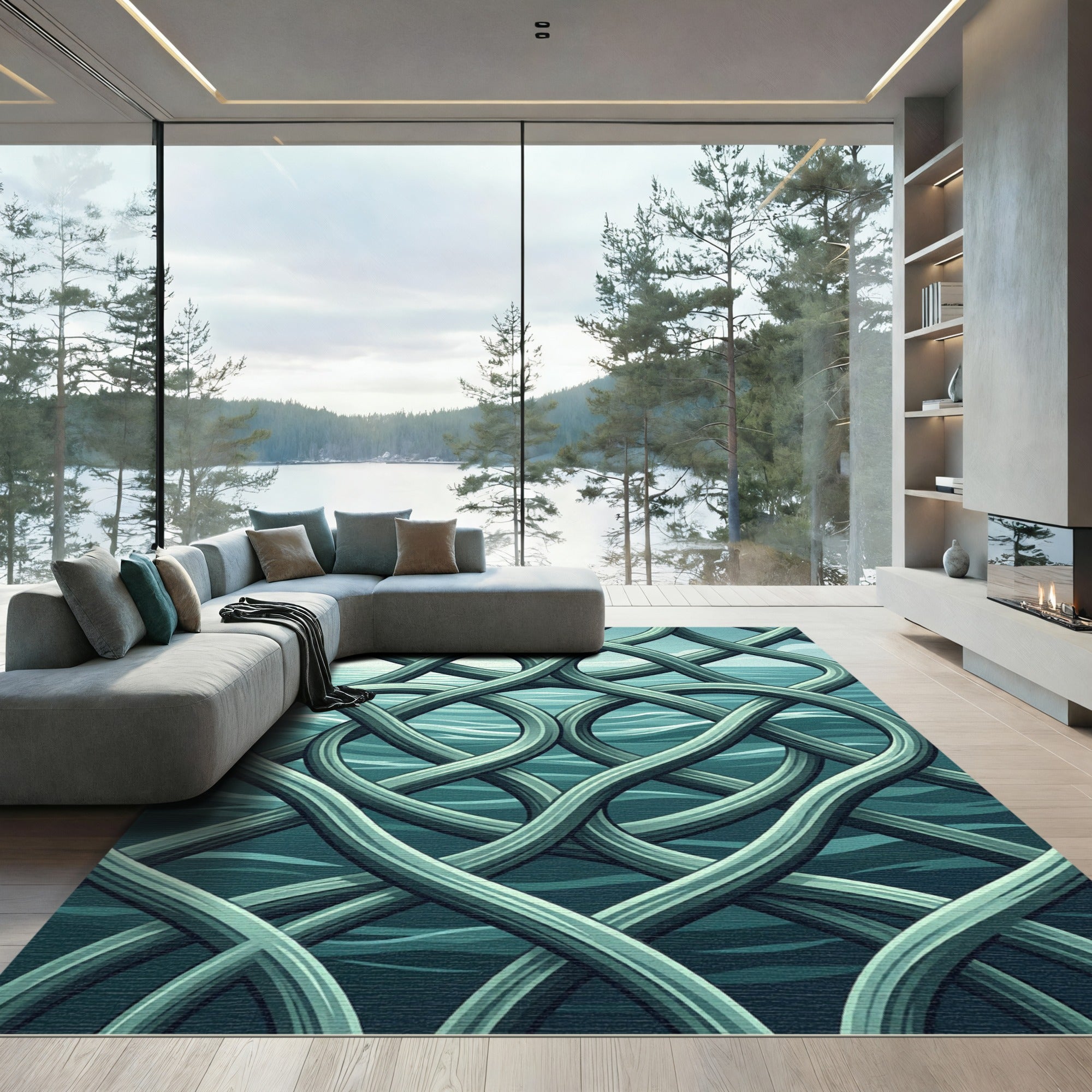 Interlocking Aqua Sea Wave Knot Rug