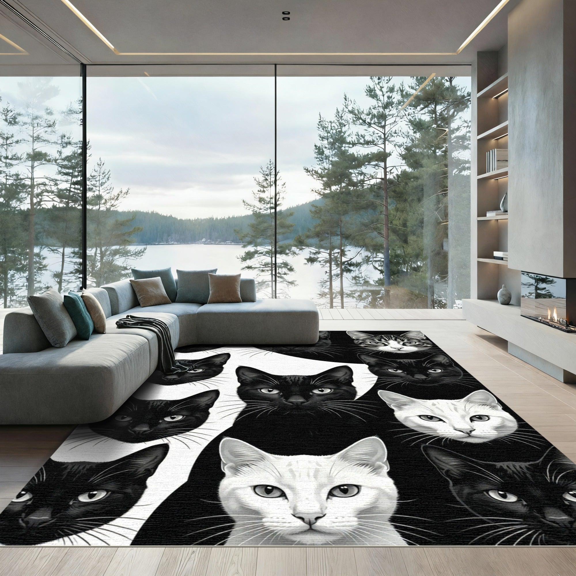Black White Feline Portrait Collection Rug