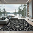 Ornate Black White Scallop Flourish Rug