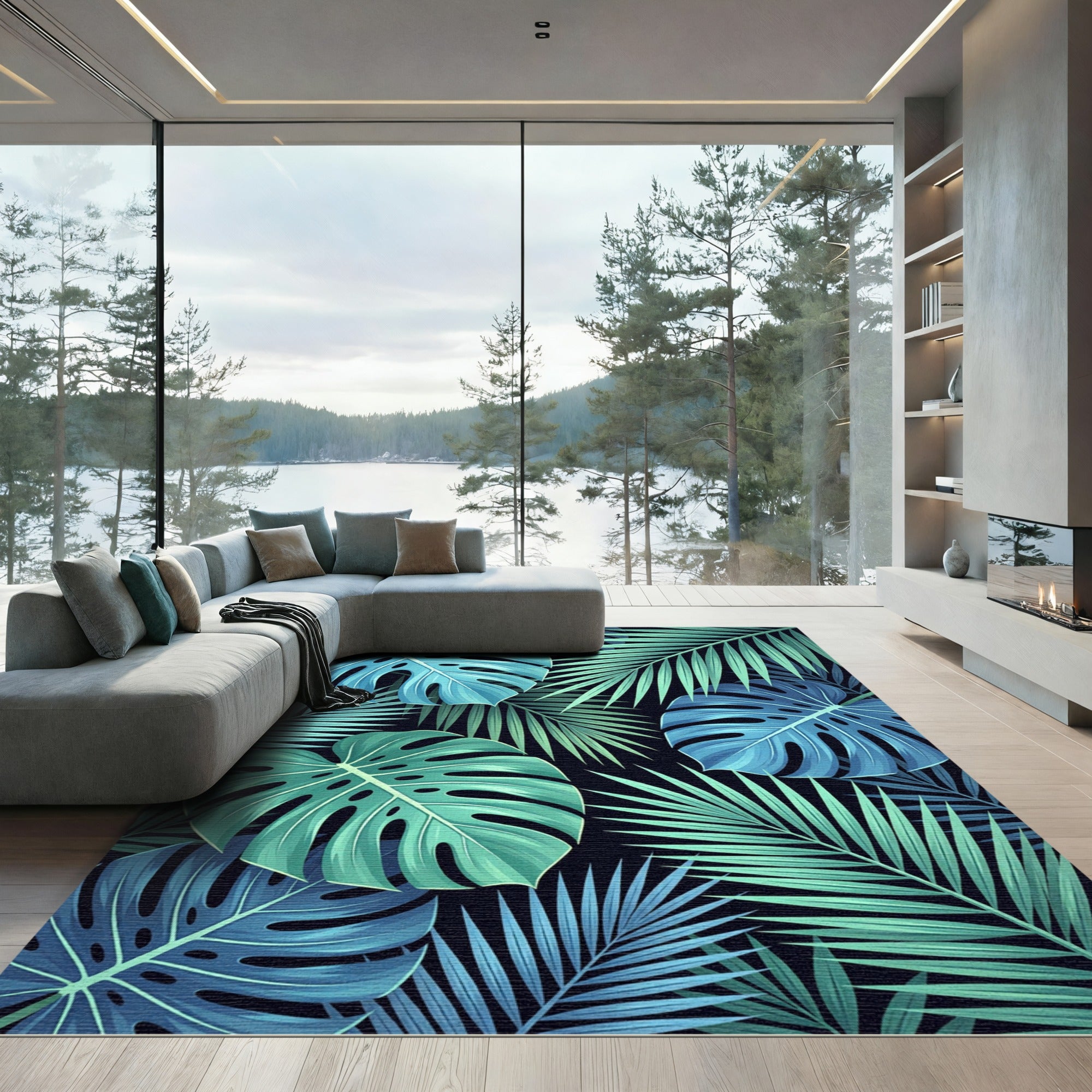 Lush Tropical Blue Monstera Foliage Rug