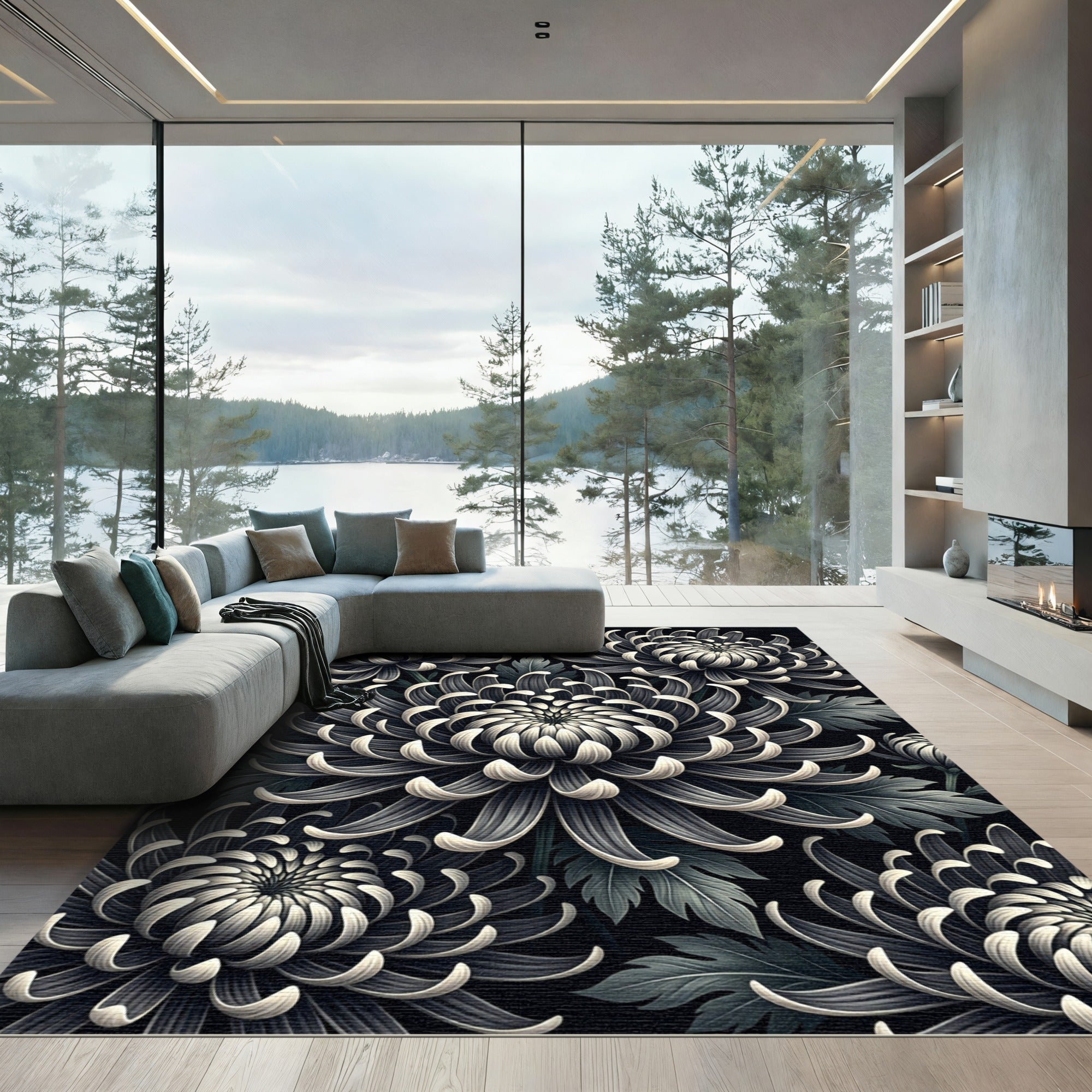 Monochromatic Black Chrysanthemum Flora Rug