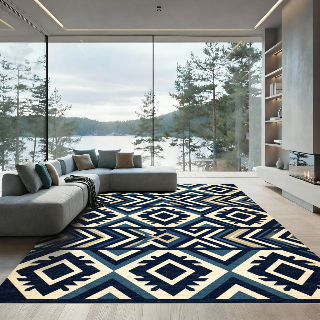 Midnight Blue Geometric Tribal Diamond Rug