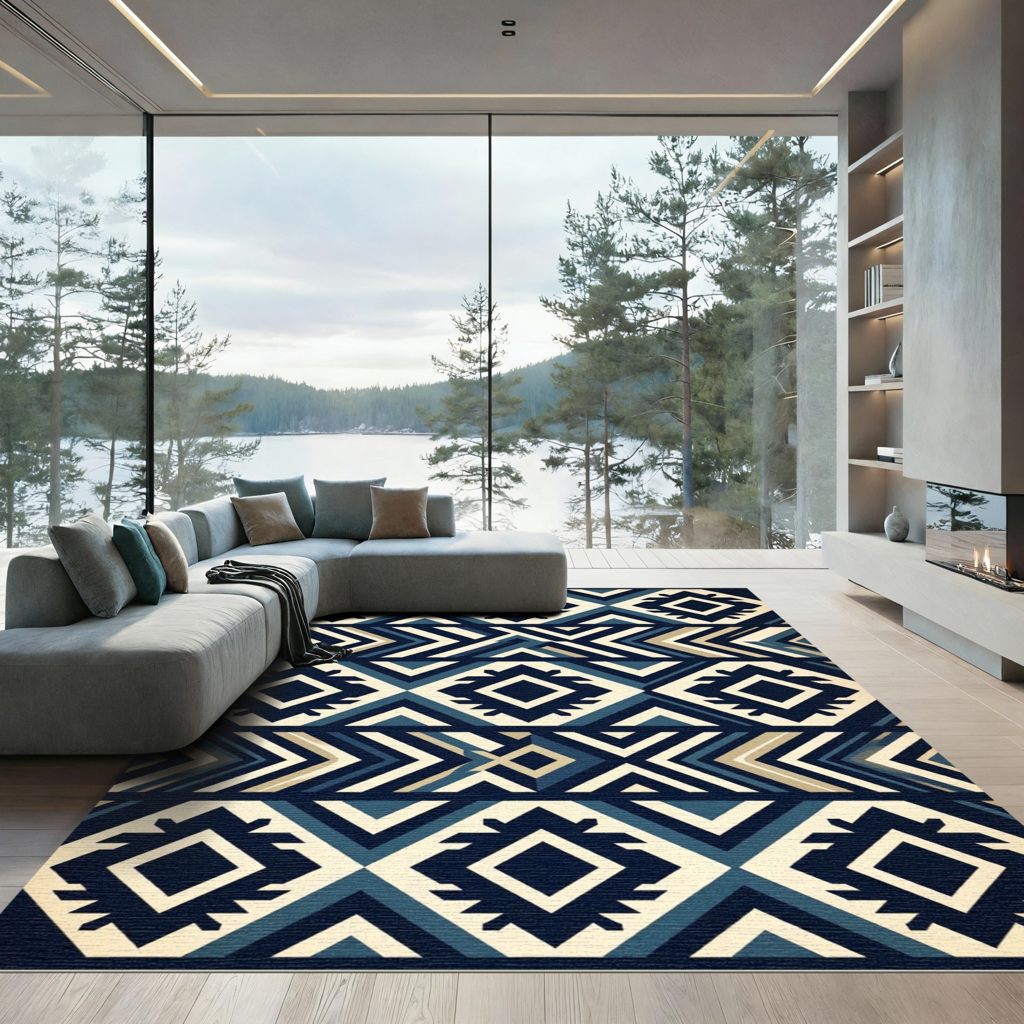 Midnight Blue Geometric Tribal Diamond Rug