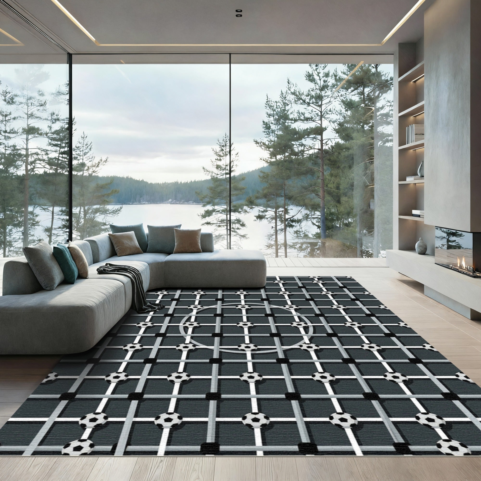 Monochrome Grid Football Sphere Graphic Rug