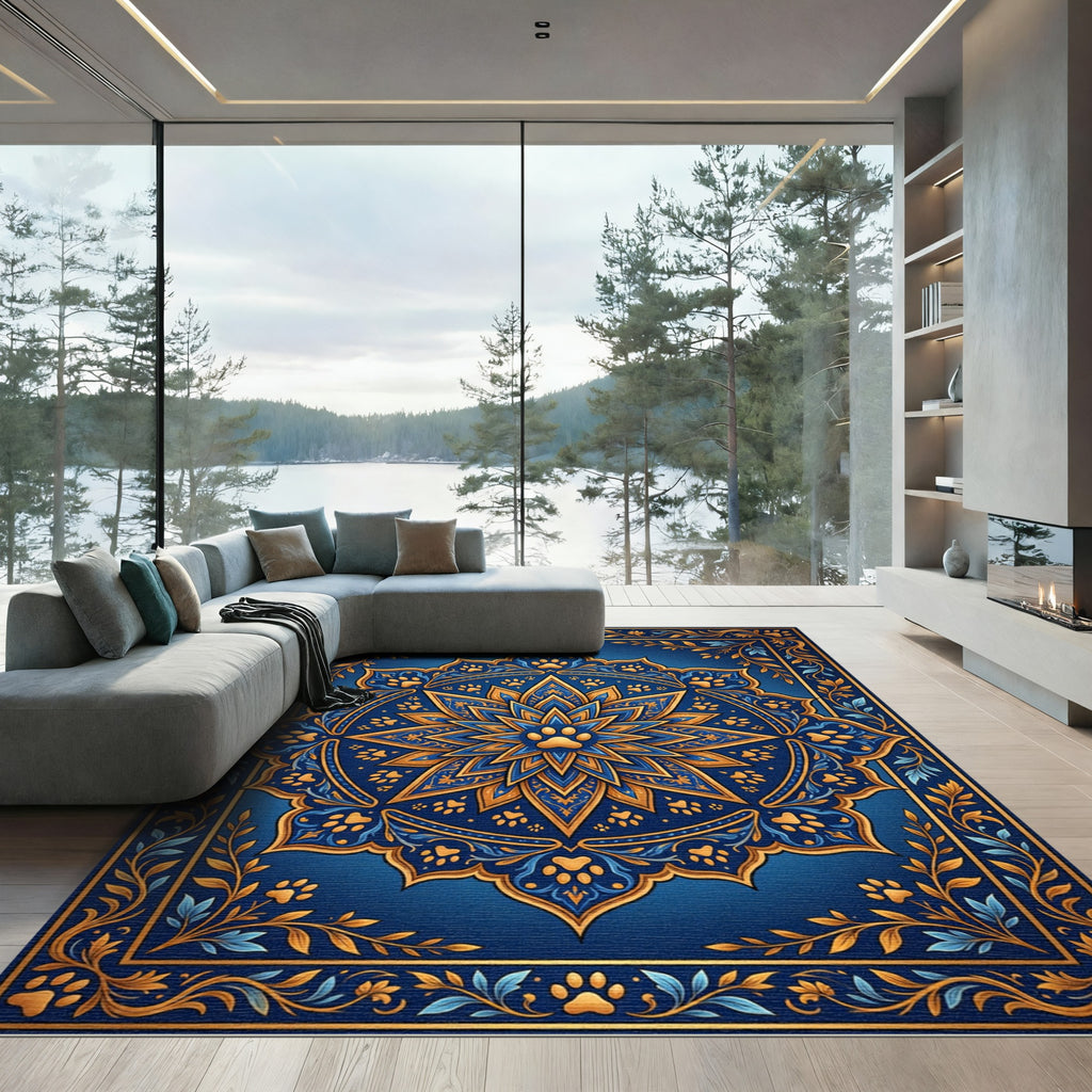 Golden Paw Medallion Navy Floral Art Rug