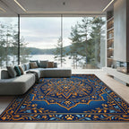 Golden Paw Medallion Navy Floral Art Rug