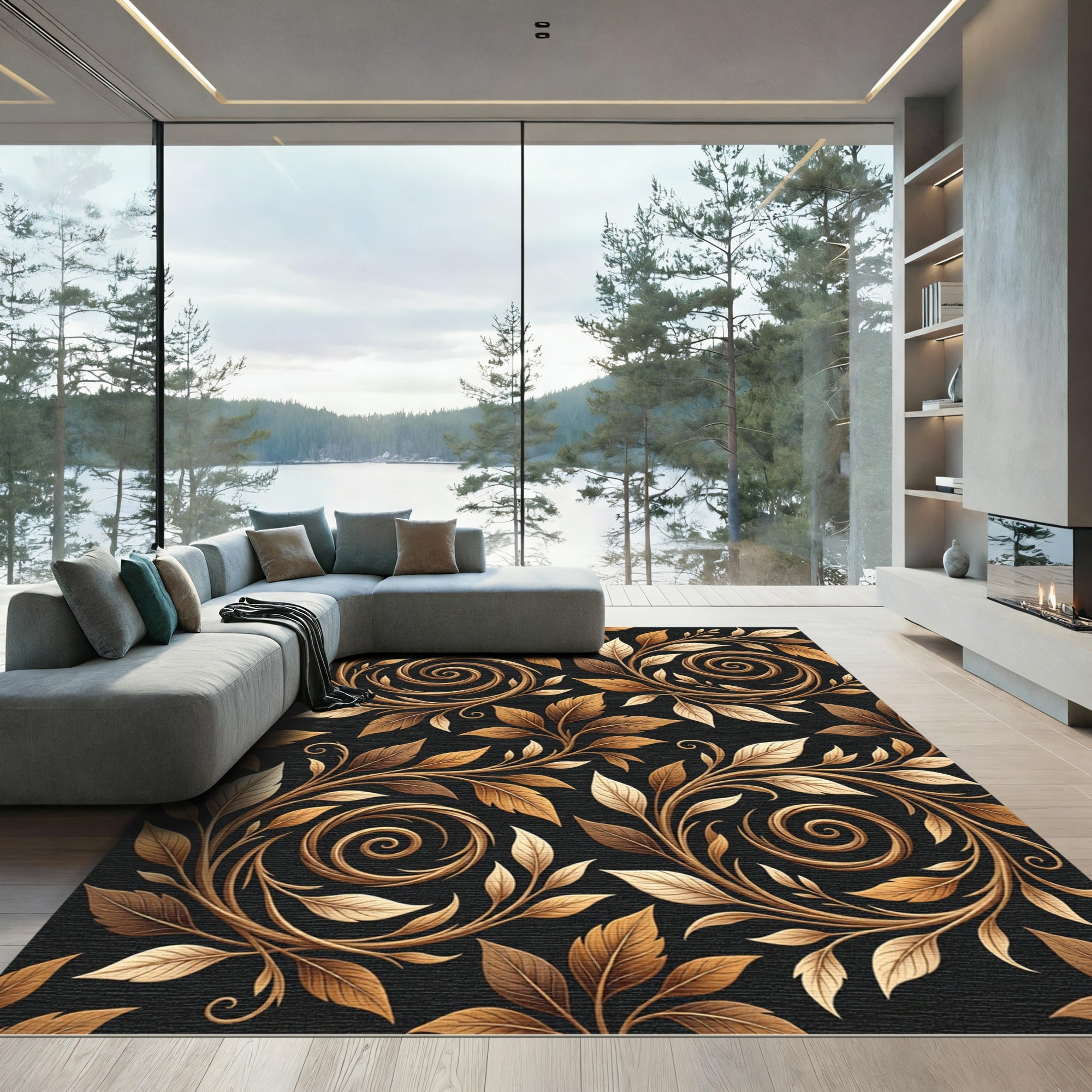 Golden Serpentine Vine Swirl Rug