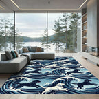 Majestic Indigo Hokusai Inspired Dog Waves Rug