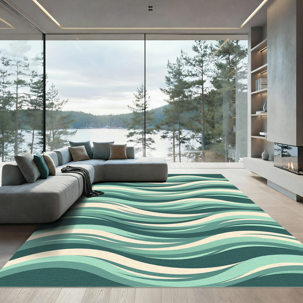Abstract Teal Wave Flow Rug
