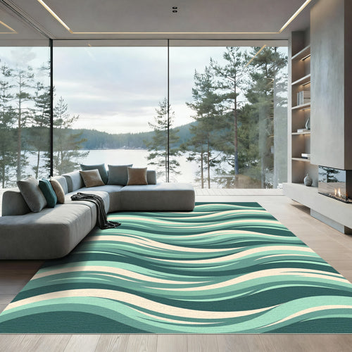 Abstract Teal Wave Flow Rug