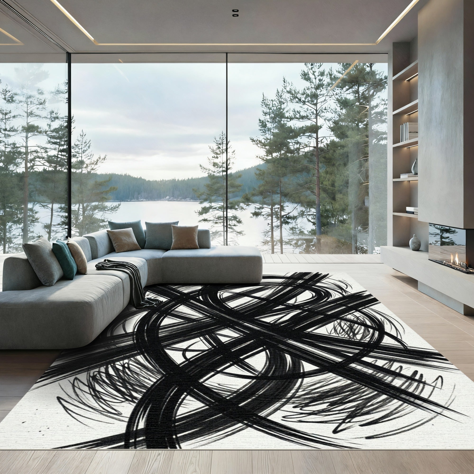 Bold Black Ink Abstract Swirl Rug
