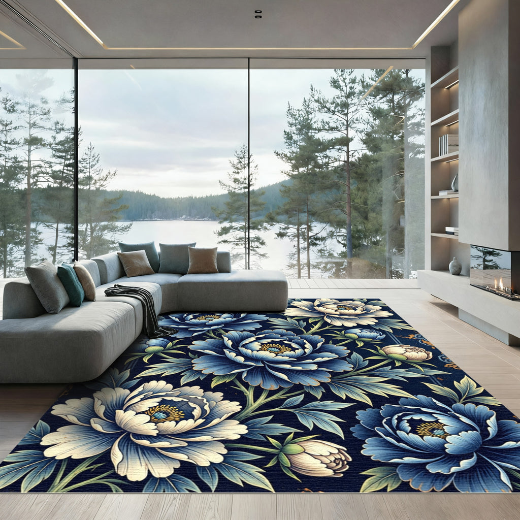 Elegant Indigo Peony Botanical Arrangement Rug