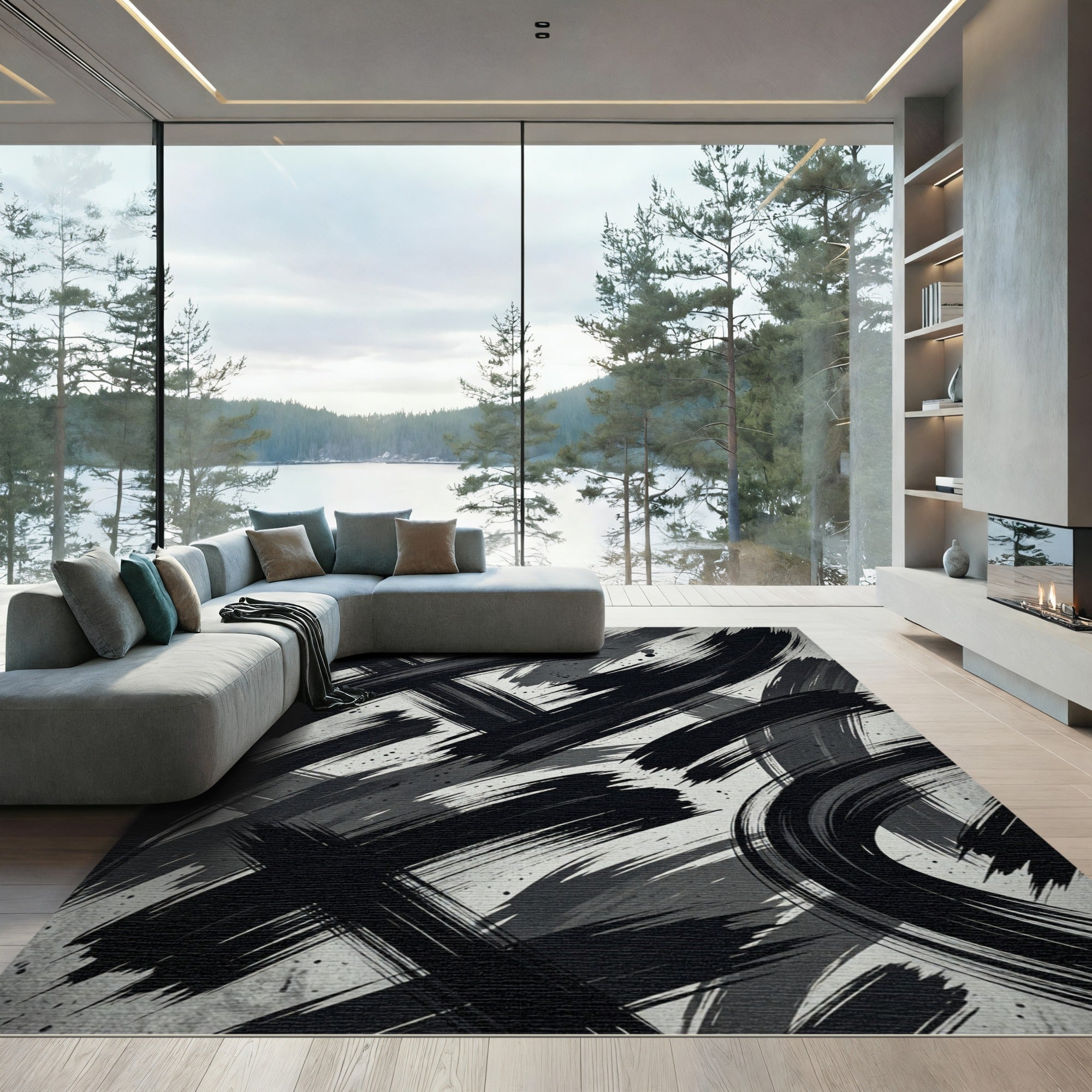 Monochrome Abstract Ink Stroke Rug