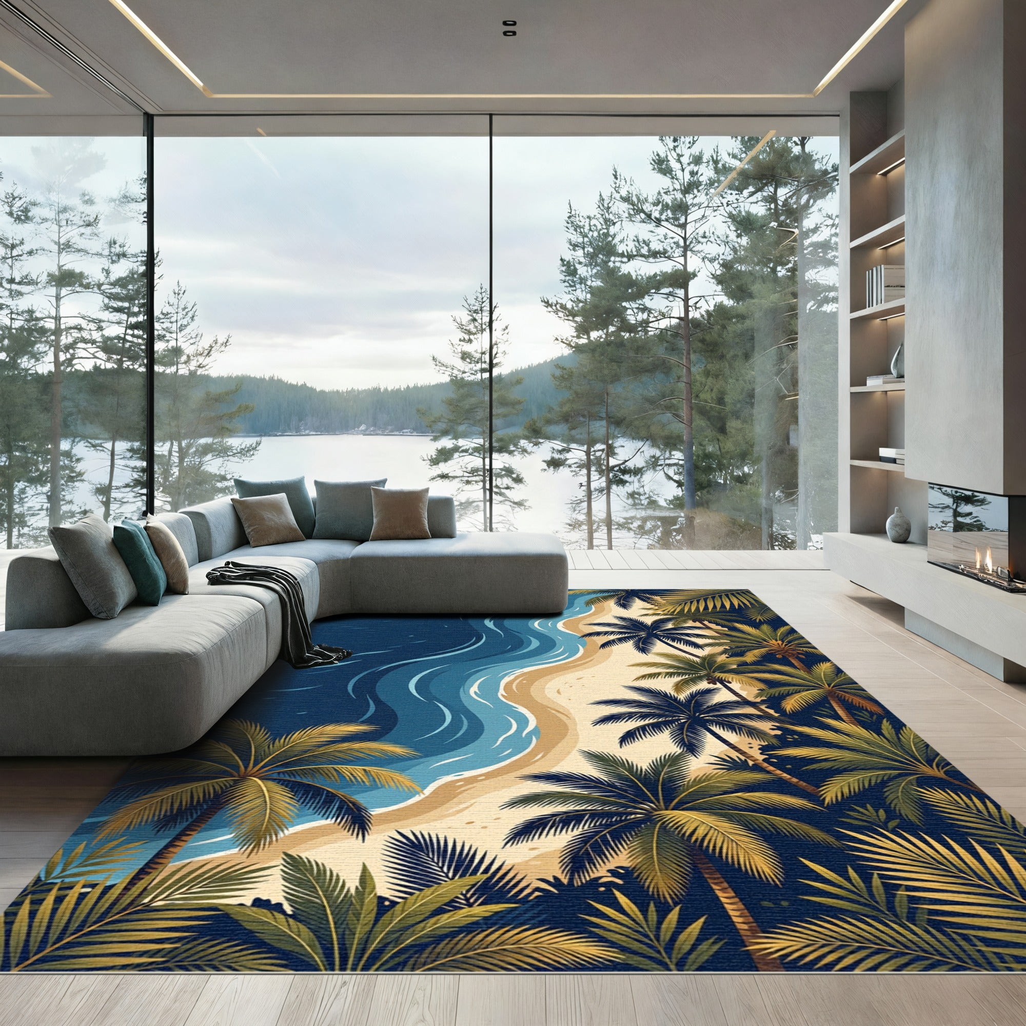Tropical Blue Palm Coast Shoreline Rug