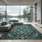 Ornate Teal White Floral Arch Rug