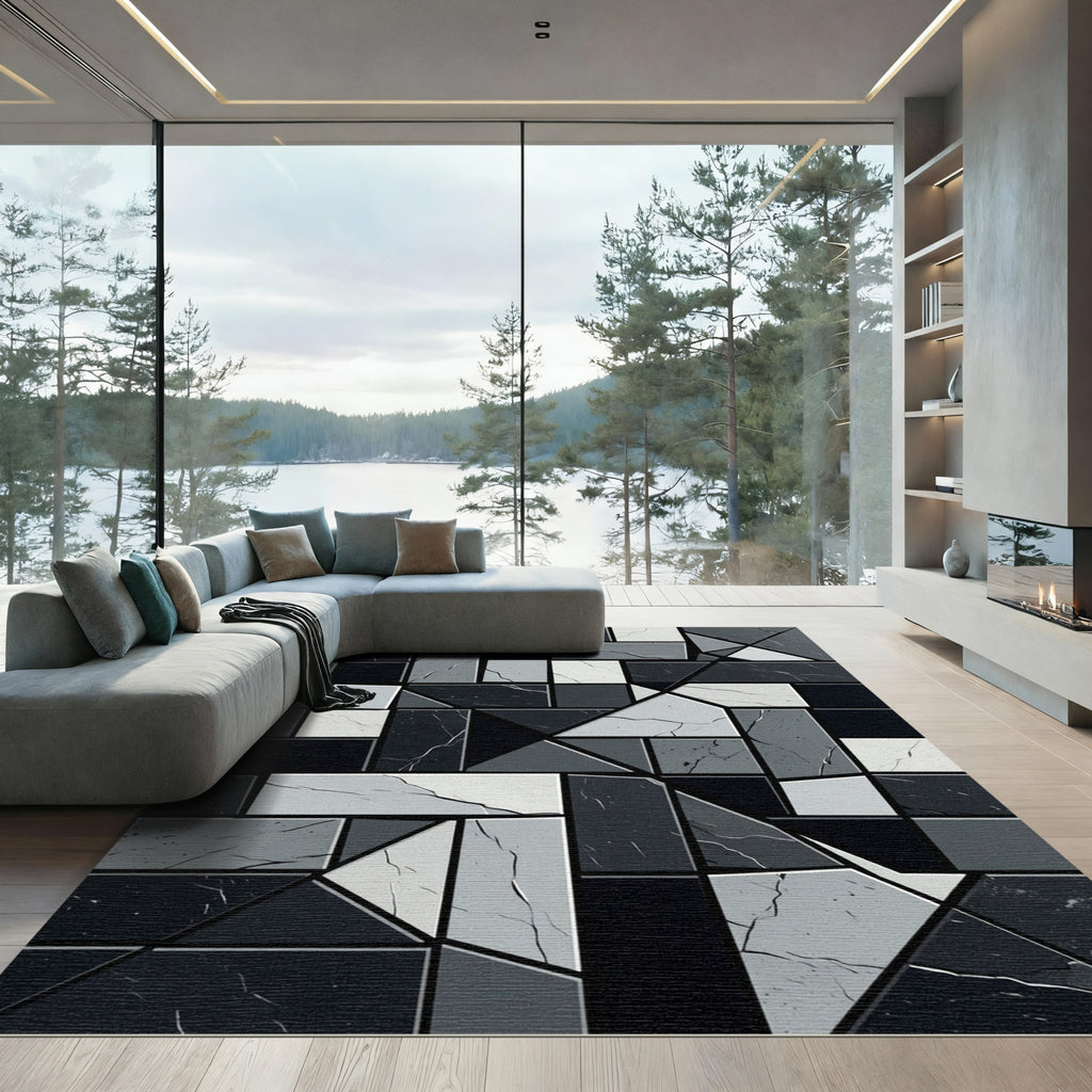 Monochrome Geometric Abstract Stone Mosaic Rug