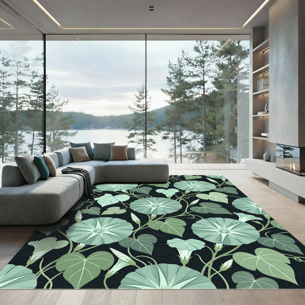 Muted Green Morning Glory Floral Vine Rug