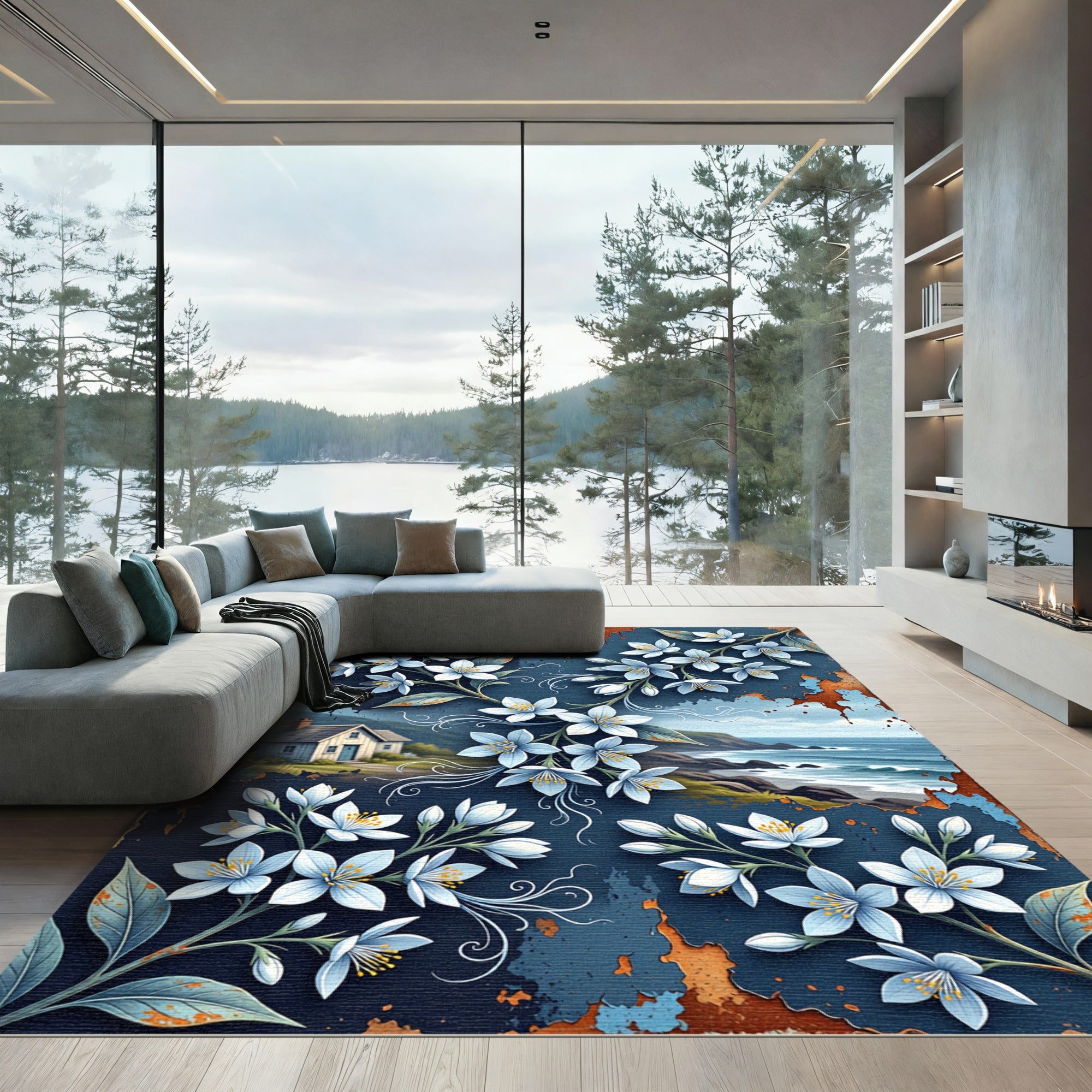 Coastal Blue Floral Weathered Shore Area Rug