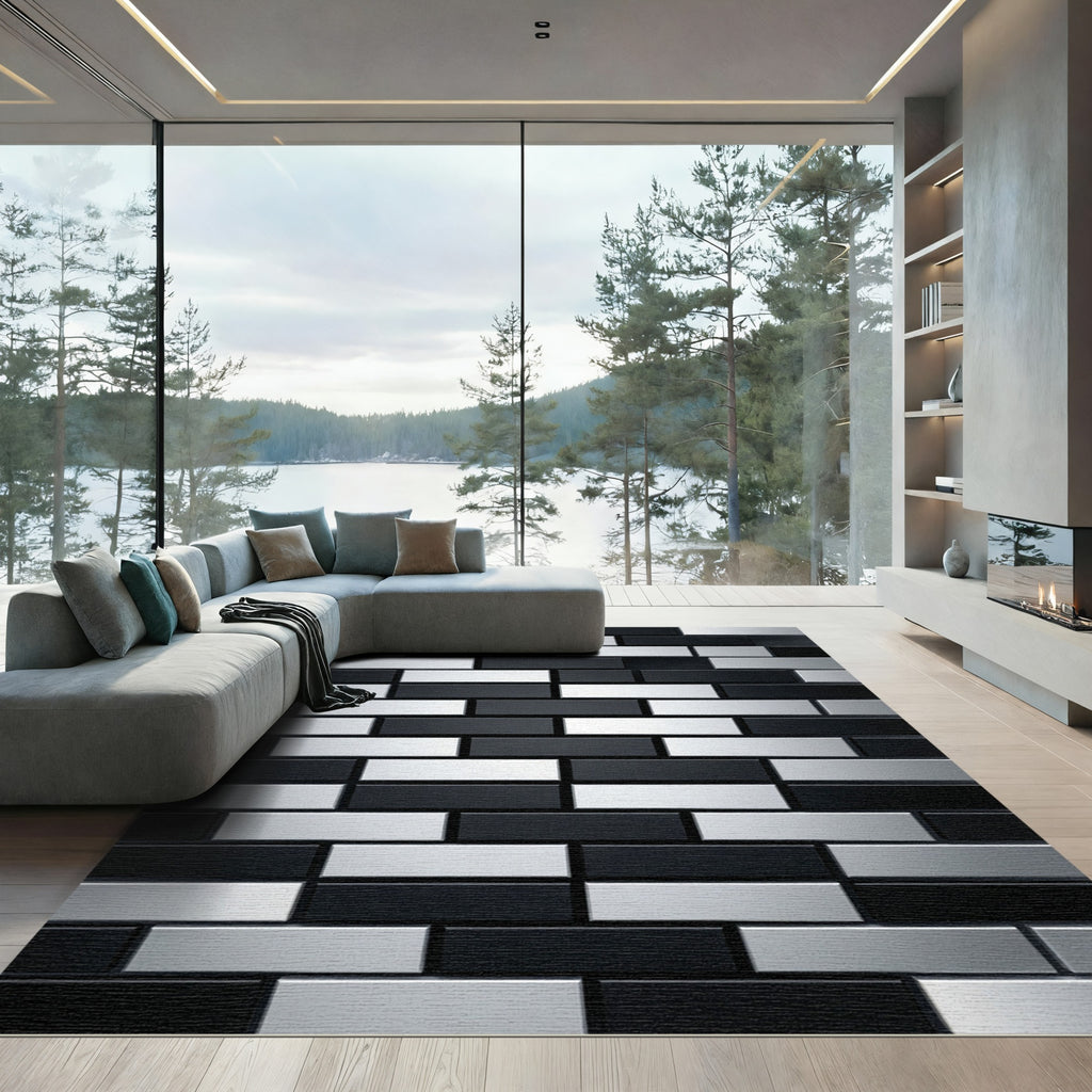 Modern Black White Brick Area Rug
