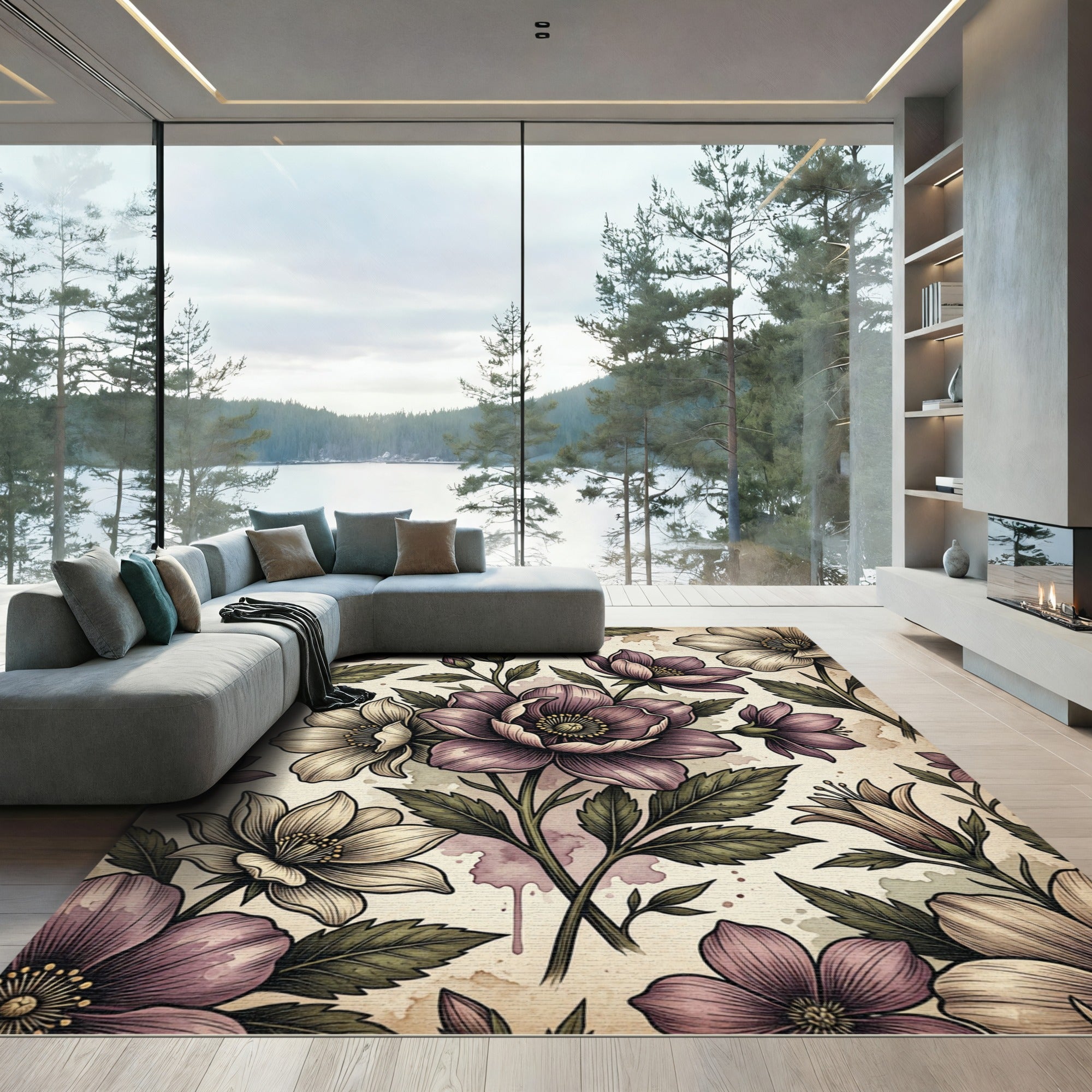 Vintage Floral Illustration in Dusty Mauve Rug