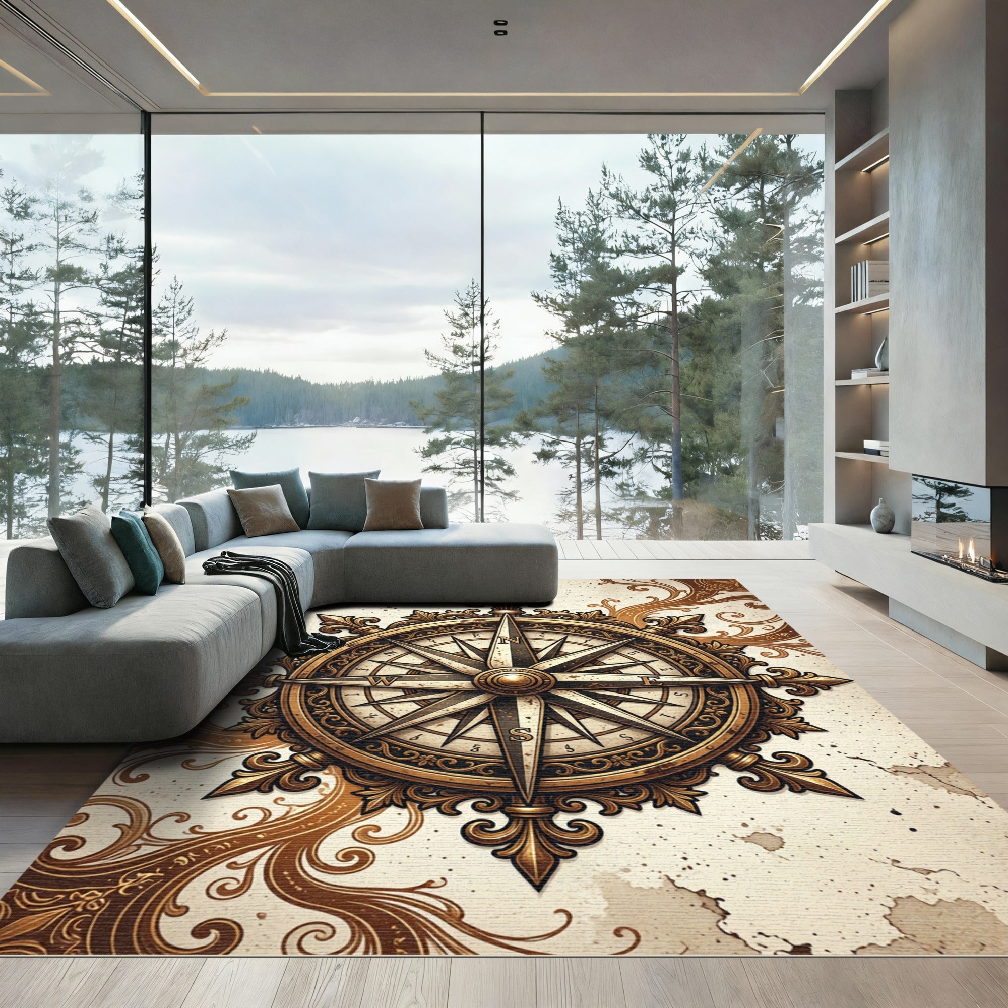Antique Gold Nautical Compass Medallion Rug