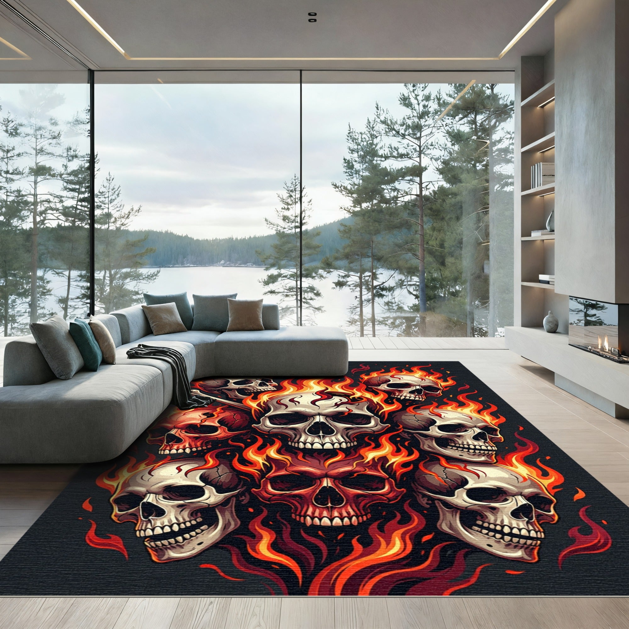 Fiery Flaming Skulls Inferno Graphic Rug